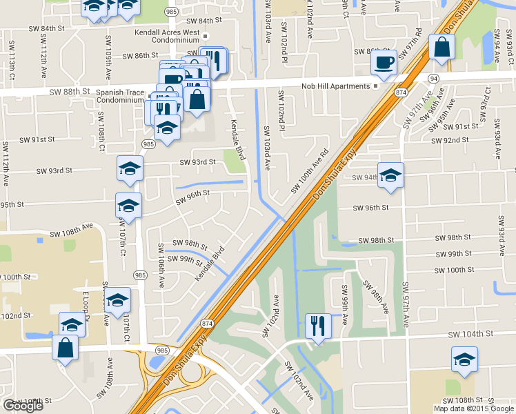 map of restaurants, bars, coffee shops, grocery stores, and more near 10240 Southwest 96th Terrace in Miami