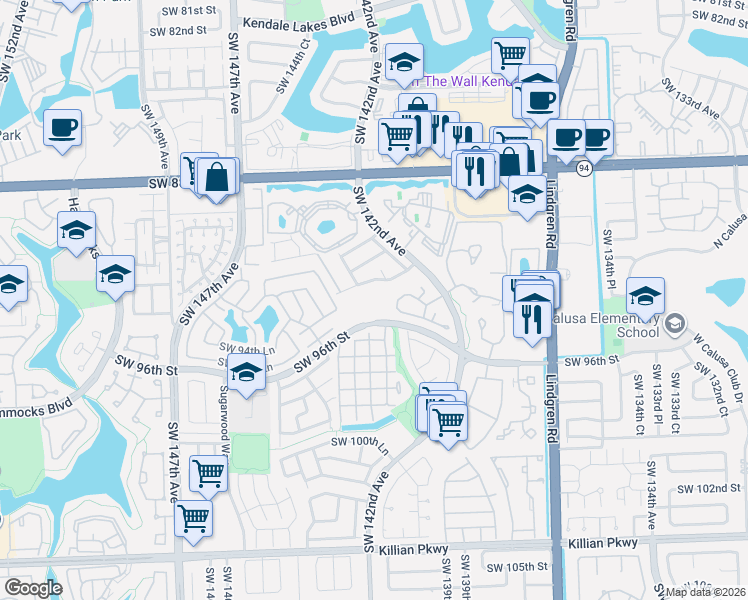map of restaurants, bars, coffee shops, grocery stores, and more near 14305 Southwest 96th Street in Miami