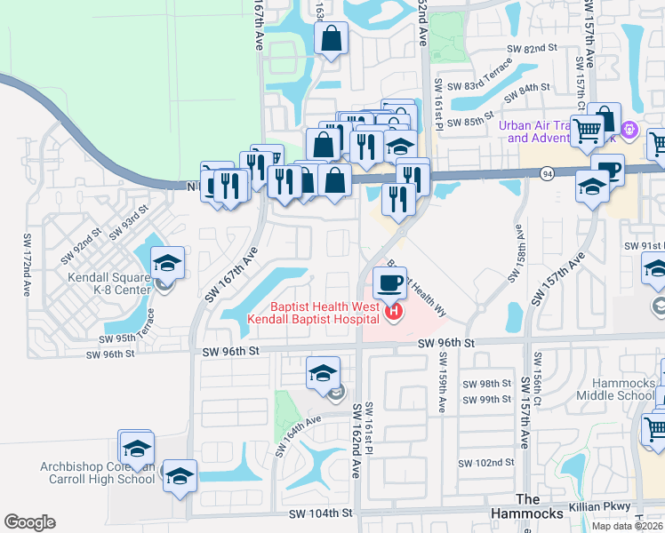 map of restaurants, bars, coffee shops, grocery stores, and more near 16263 Southwest 92nd Terrace in Miami