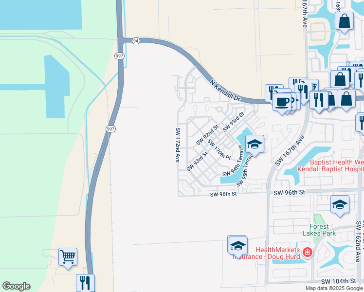map of restaurants, bars, coffee shops, grocery stores, and more near 17182 Southwest 92nd Street in Miami