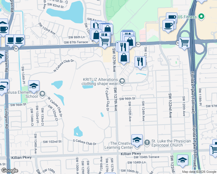 map of restaurants, bars, coffee shops, grocery stores, and more near 7270 Southwest 94th Street in Miami