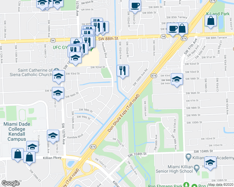 map of restaurants, bars, coffee shops, grocery stores, and more near 10240 Southwest 96th Terrace in Miami