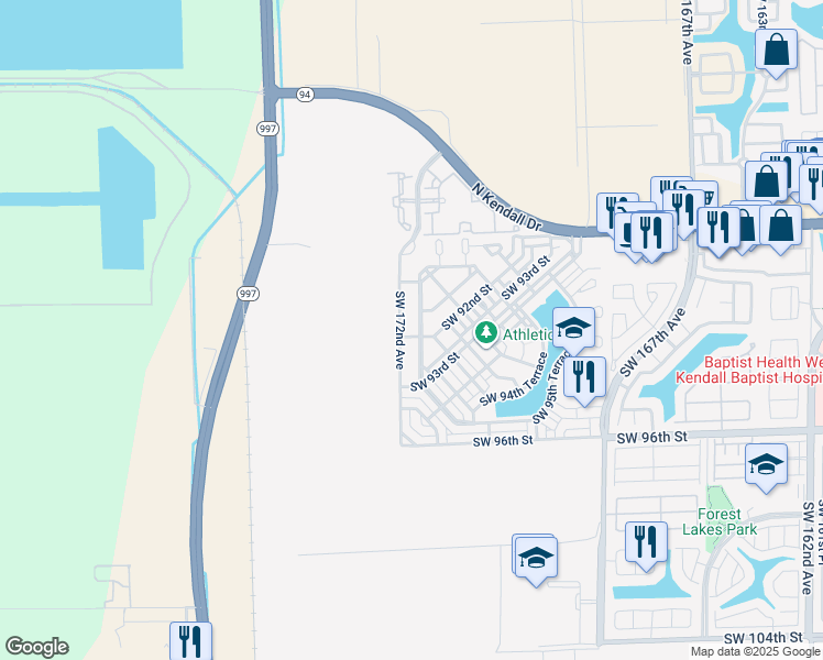 map of restaurants, bars, coffee shops, grocery stores, and more near 17182 Southwest 92nd Street in Miami