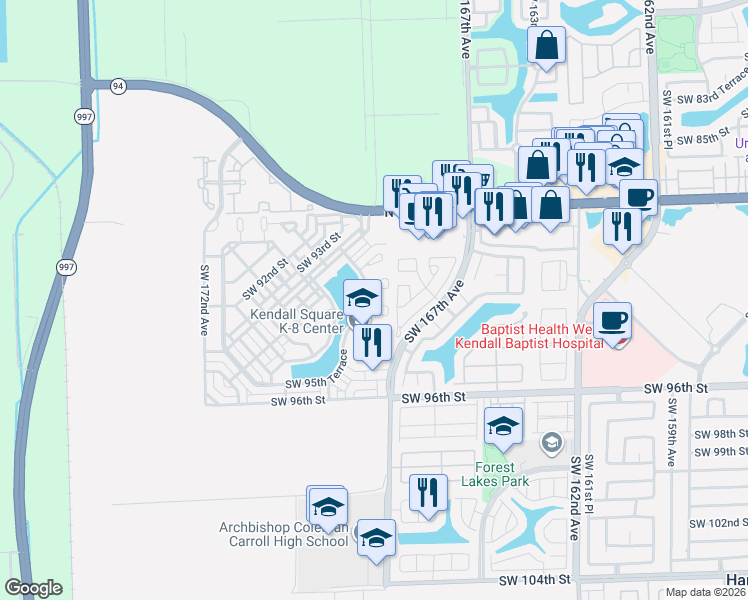 map of restaurants, bars, coffee shops, grocery stores, and more near 16957 Southwest 92nd Street Circle in Miami