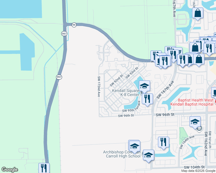 map of restaurants, bars, coffee shops, grocery stores, and more near 9207 Southwest 170th Passage in Miami