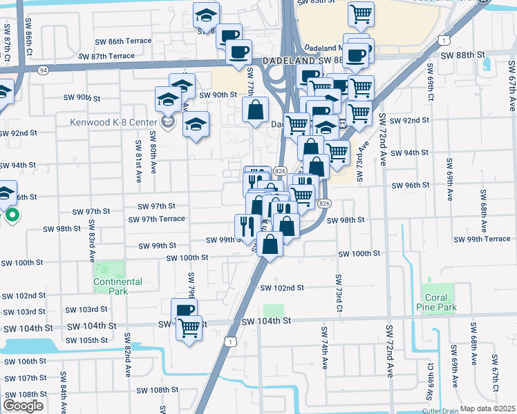 map of restaurants, bars, coffee shops, grocery stores, and more near 9624 Southwest 77th Avenue in Kendall