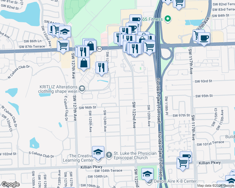 map of restaurants, bars, coffee shops, grocery stores, and more near 12254 Southwest 94th Terrace in Miami