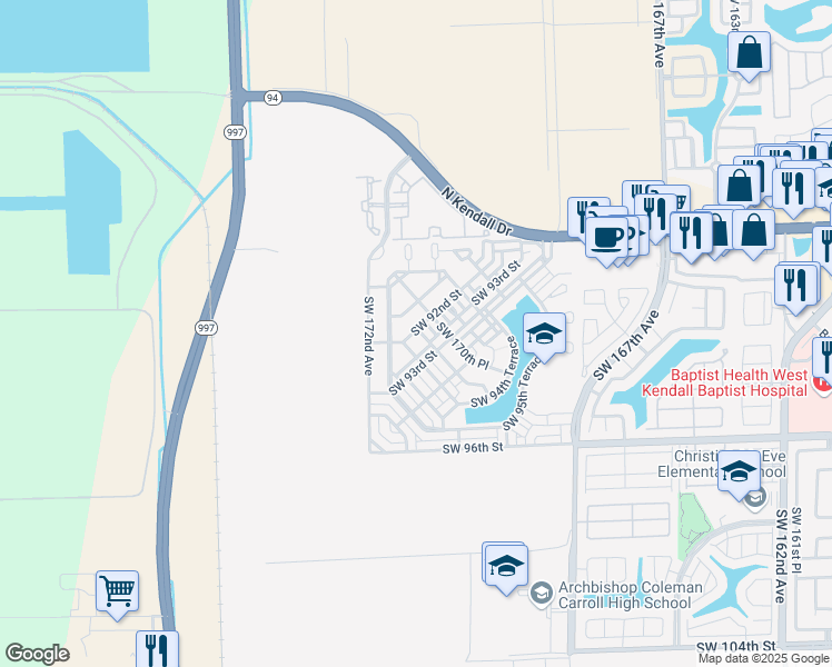 map of restaurants, bars, coffee shops, grocery stores, and more near 9207 Southwest 170th Passage in Miami