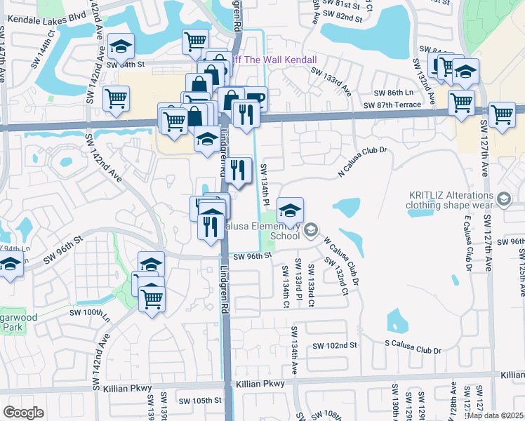map of restaurants, bars, coffee shops, grocery stores, and more near 9260 Southwest 134th Place in Miami