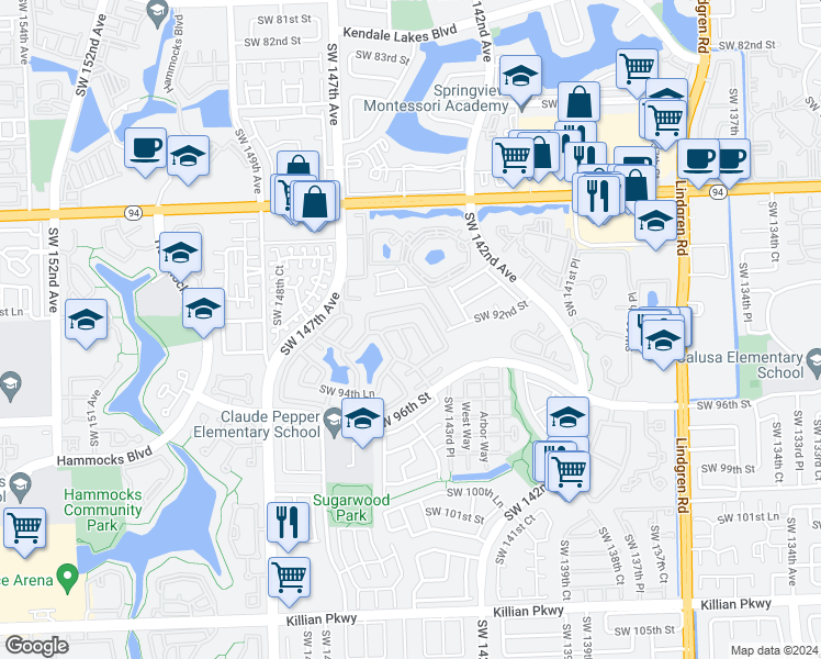 map of restaurants, bars, coffee shops, grocery stores, and more near 9336 Southwest 143rd Place in Miami