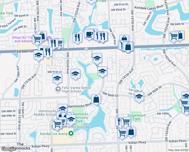 map of restaurants, bars, coffee shops, grocery stores, and more near 9100 Hammocks Boulevard in Miami