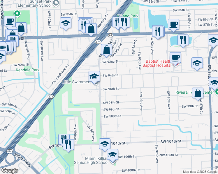 map of restaurants, bars, coffee shops, grocery stores, and more near 9530 Southwest 95th Court in Miami