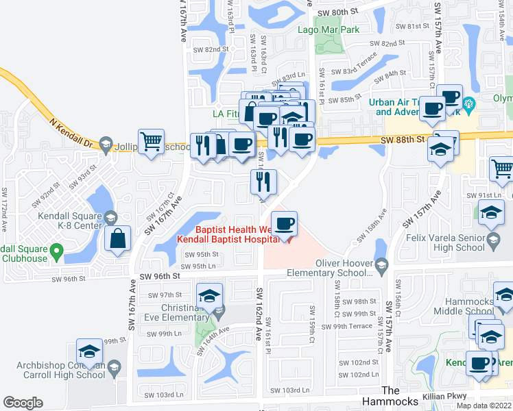 map of restaurants, bars, coffee shops, grocery stores, and more near 9155 Southwest 162nd Court in Miami