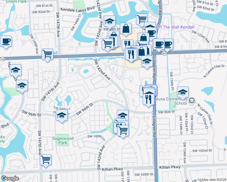 map of restaurants, bars, coffee shops, grocery stores, and more near 14210 Southwest 94th Circle Lane in Miami