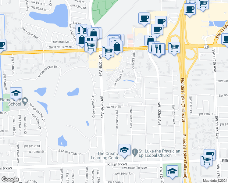 map of restaurants, bars, coffee shops, grocery stores, and more near 12505 Southwest 94th Terrace in Miami