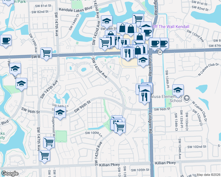 map of restaurants, bars, coffee shops, grocery stores, and more near 14210 Southwest 94th Circle Lane in Miami