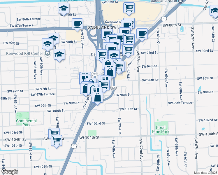map of restaurants, bars, coffee shops, grocery stores, and more near 9625 South Dixie Highway in Miami