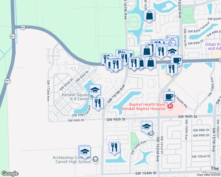 map of restaurants, bars, coffee shops, grocery stores, and more near 9234 Southwest 167th Place in Miami