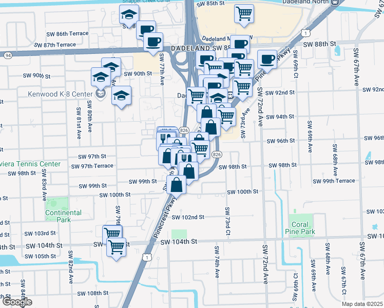 map of restaurants, bars, coffee shops, grocery stores, and more near 9700 South Dixie Highway in Miami