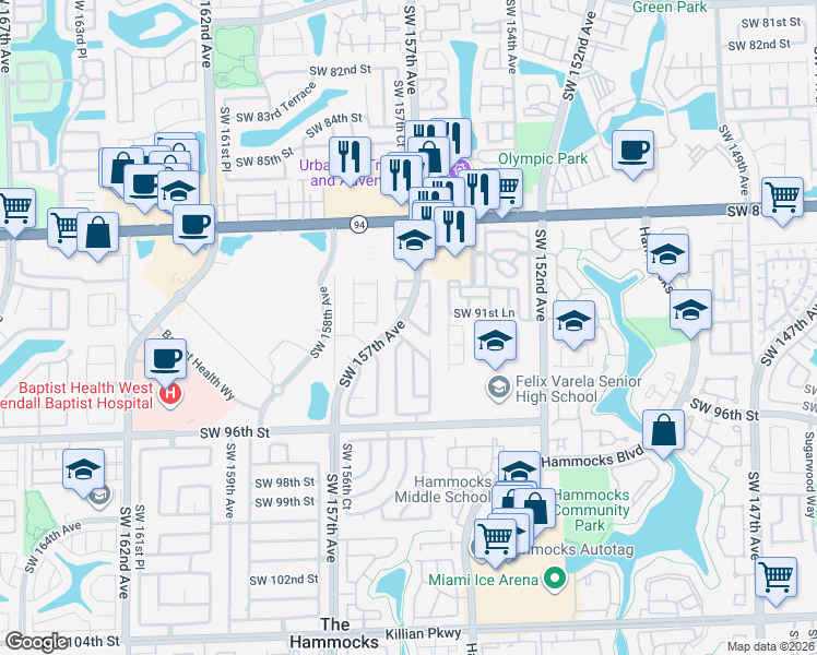 map of restaurants, bars, coffee shops, grocery stores, and more near 15448 Southwest 92nd Street in Miami