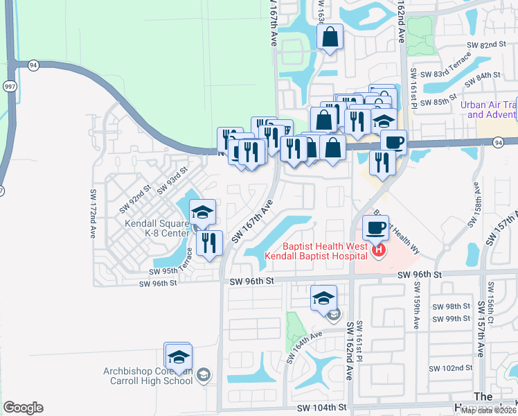 map of restaurants, bars, coffee shops, grocery stores, and more near 16693 Southwest 92nd Street in Miami