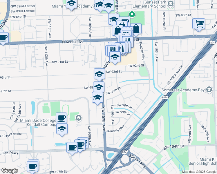 map of restaurants, bars, coffee shops, grocery stores, and more near 10699 Southwest 95th Street in Miami
