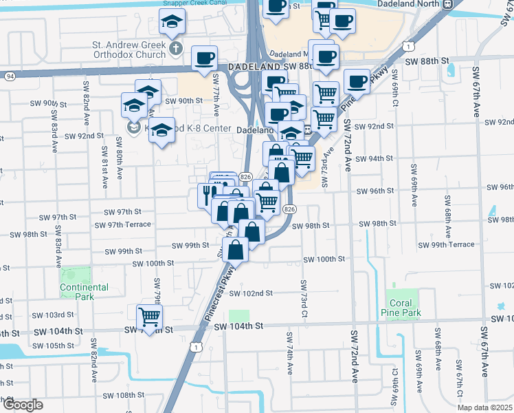 map of restaurants, bars, coffee shops, grocery stores, and more near 9700 South Dixie Highway in Miami