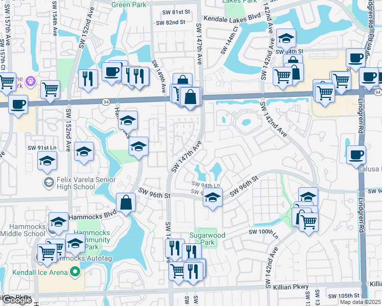 map of restaurants, bars, coffee shops, grocery stores, and more near 9368 Southwest 146th Place in Miami