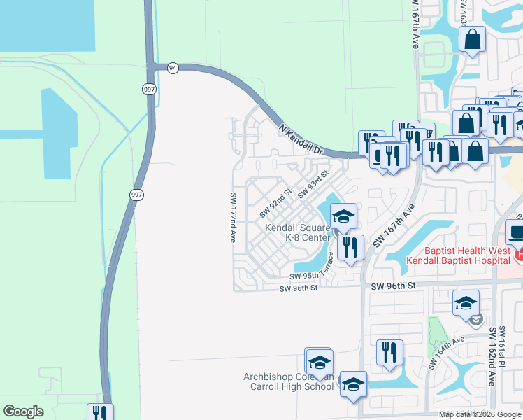 map of restaurants, bars, coffee shops, grocery stores, and more near 9207 Southwest 170th Passage in Miami