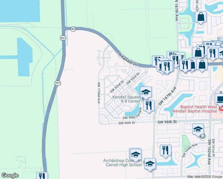 map of restaurants, bars, coffee shops, grocery stores, and more near 9207 Southwest 170th Passage in Miami
