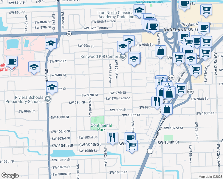 map of restaurants, bars, coffee shops, grocery stores, and more near 9540 Southwest 81st Avenue in Miami