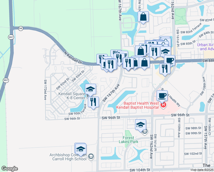map of restaurants, bars, coffee shops, grocery stores, and more near 16815 Southwest 90th Terrace in Miami
