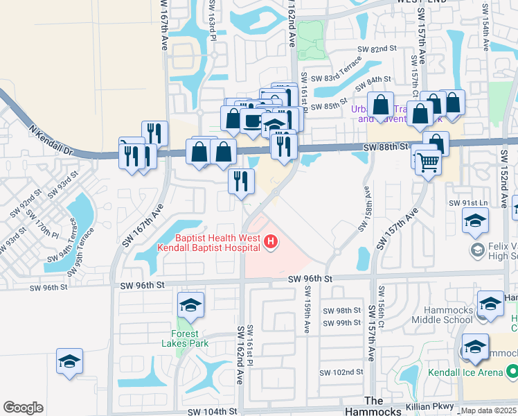 map of restaurants, bars, coffee shops, grocery stores, and more near 9155 Southwest 162nd Court in Miami
