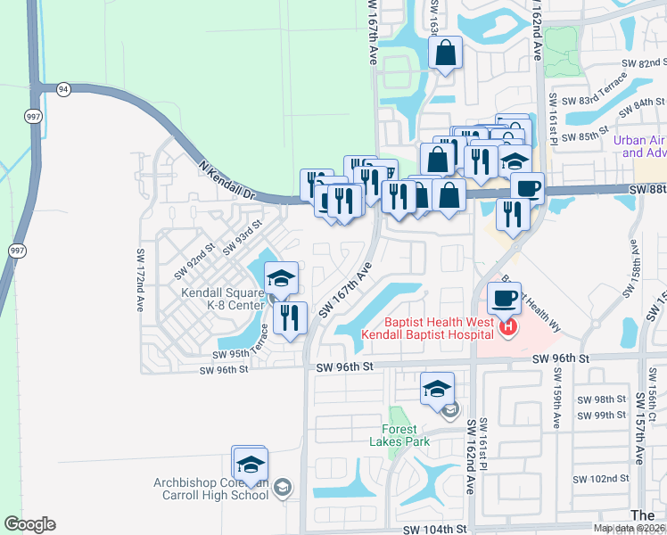 map of restaurants, bars, coffee shops, grocery stores, and more near 16815 Southwest 90th Terrace in Miami