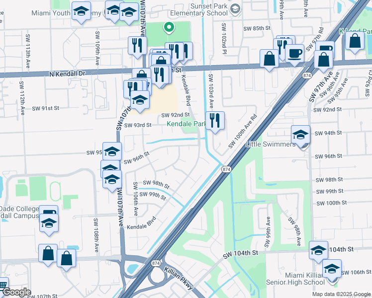 map of restaurants, bars, coffee shops, grocery stores, and more near 10355 Southwest 96th Street in Miami