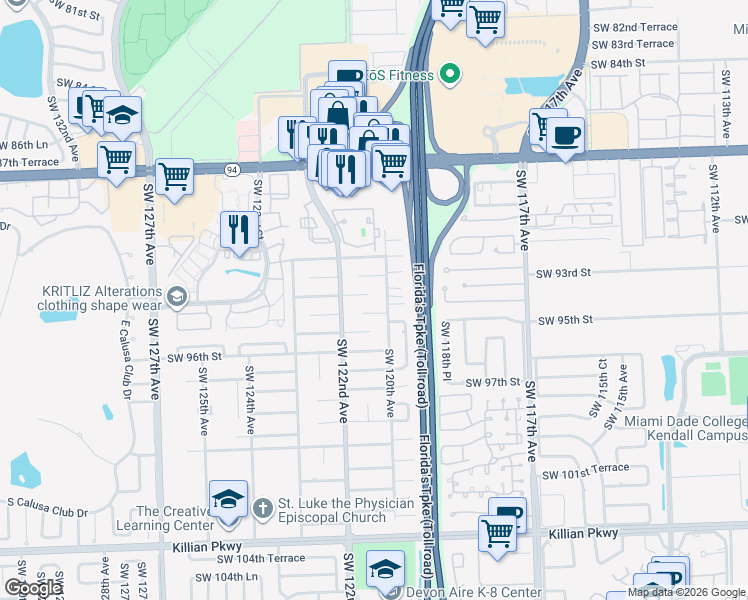 map of restaurants, bars, coffee shops, grocery stores, and more near 12010 Southwest 93rd Street in Miami