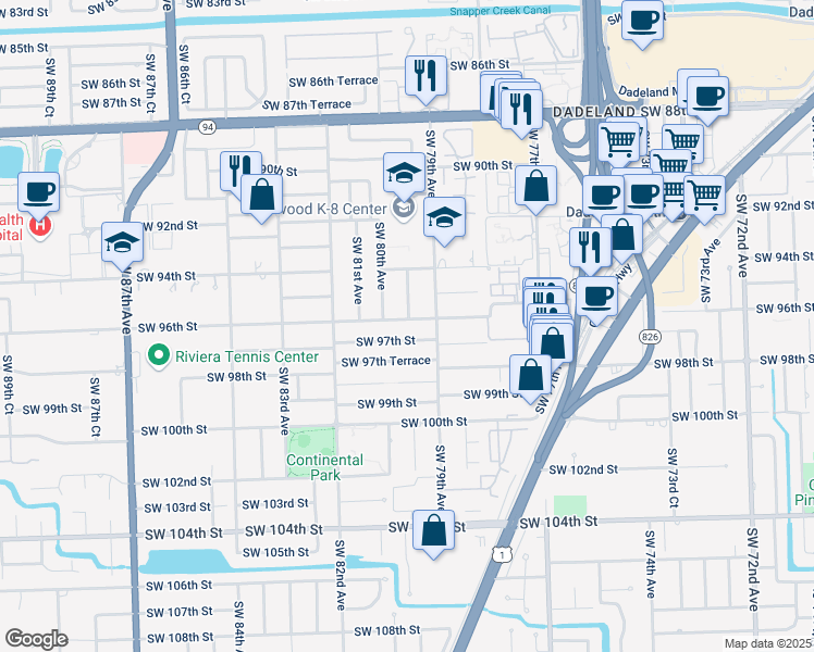 map of restaurants, bars, coffee shops, grocery stores, and more near 7979 Southwest 96th Street in Miami