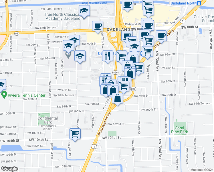 map of restaurants, bars, coffee shops, grocery stores, and more near 9601 Southwest 77th Avenue in Kendall