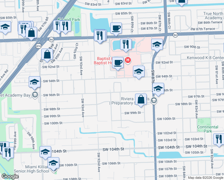 map of restaurants, bars, coffee shops, grocery stores, and more near 9434 Southwest 89th Place in Miami