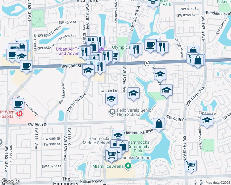 map of restaurants, bars, coffee shops, grocery stores, and more near 9140 Southwest 152nd Court in Miami