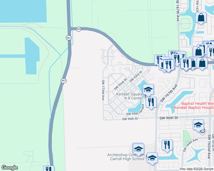 map of restaurants, bars, coffee shops, grocery stores, and more near 9115 Southwest 172nd Avenue in The Hammocks