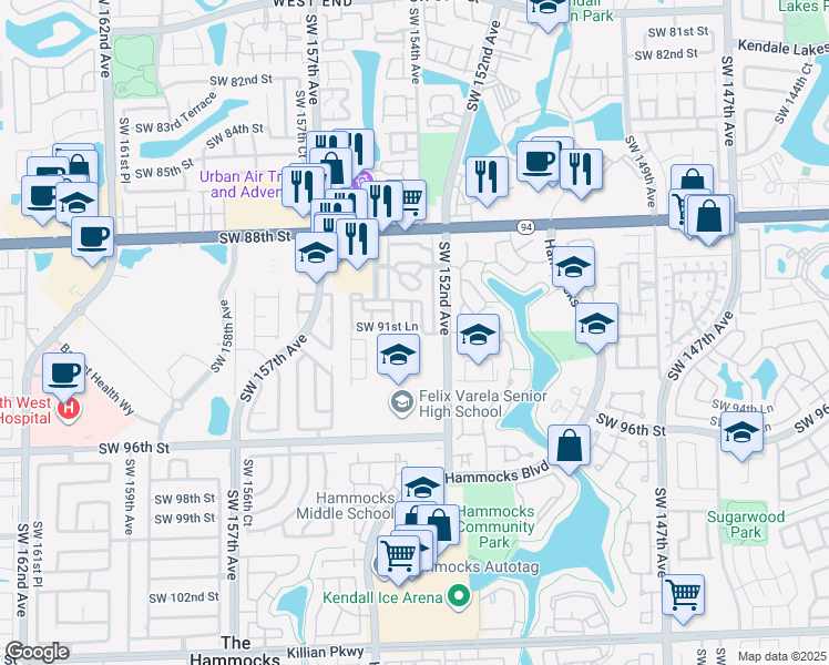 map of restaurants, bars, coffee shops, grocery stores, and more near 9140 Southwest 152nd Court in Miami