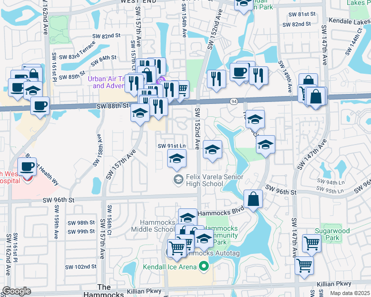 map of restaurants, bars, coffee shops, grocery stores, and more near 15260 Southwest 91st Lane in Miami