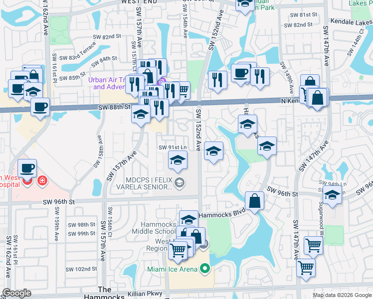 map of restaurants, bars, coffee shops, grocery stores, and more near 9140 Southwest 152nd Court in Miami