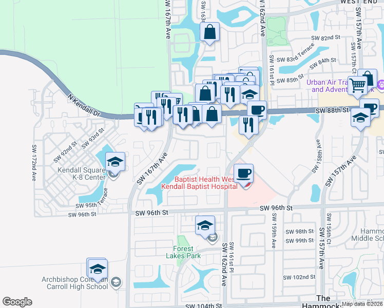 map of restaurants, bars, coffee shops, grocery stores, and more near 9060 Southwest 165th Place in Miami