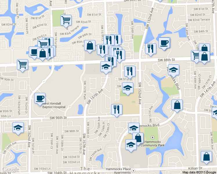 map of restaurants, bars, coffee shops, grocery stores, and more near 9111 Southwest 157th Avenue Road in Miami