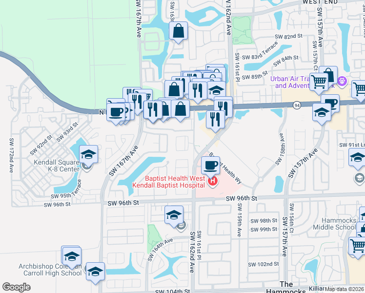 map of restaurants, bars, coffee shops, grocery stores, and more near 9060 Southwest 162nd Place in Miami