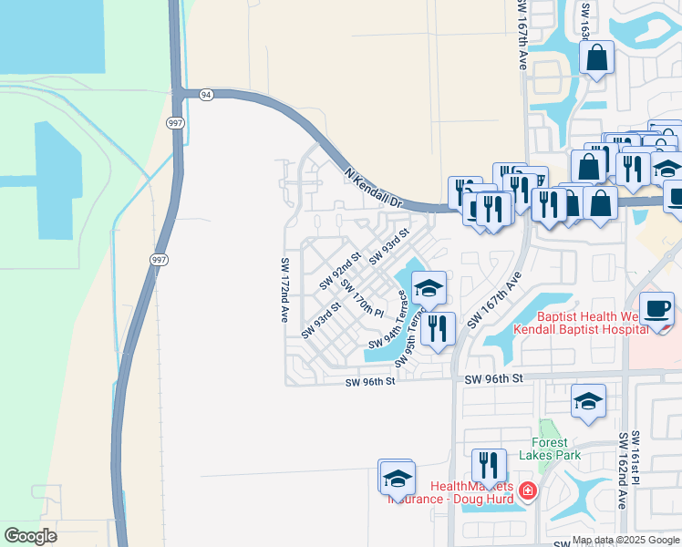 map of restaurants, bars, coffee shops, grocery stores, and more near 17019 Southwest 92nd Street in Miami