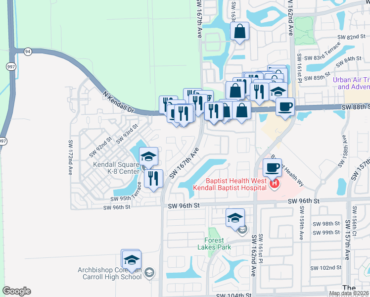 map of restaurants, bars, coffee shops, grocery stores, and more near 9109 Southwest 168th Avenue in Miami