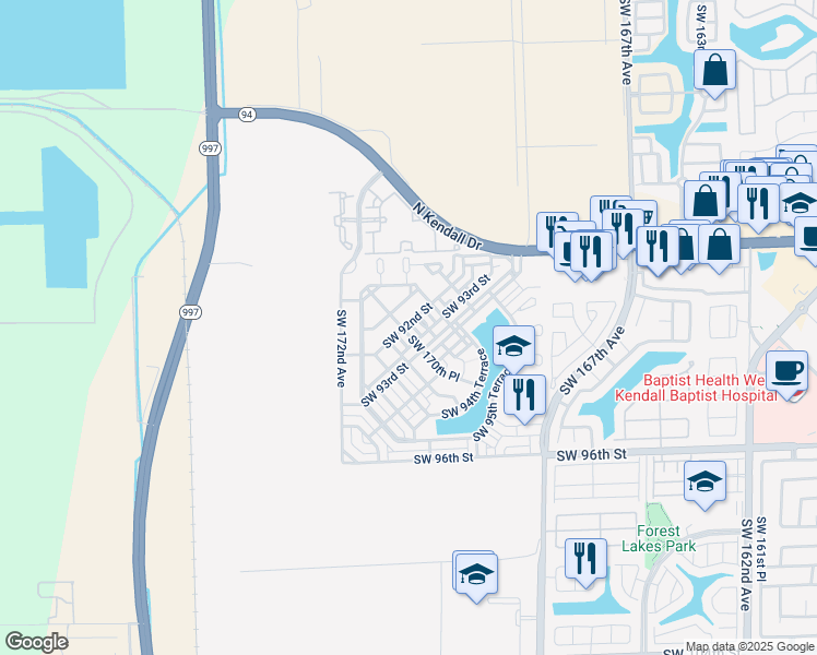map of restaurants, bars, coffee shops, grocery stores, and more near 17019 Southwest 92nd Street in Miami